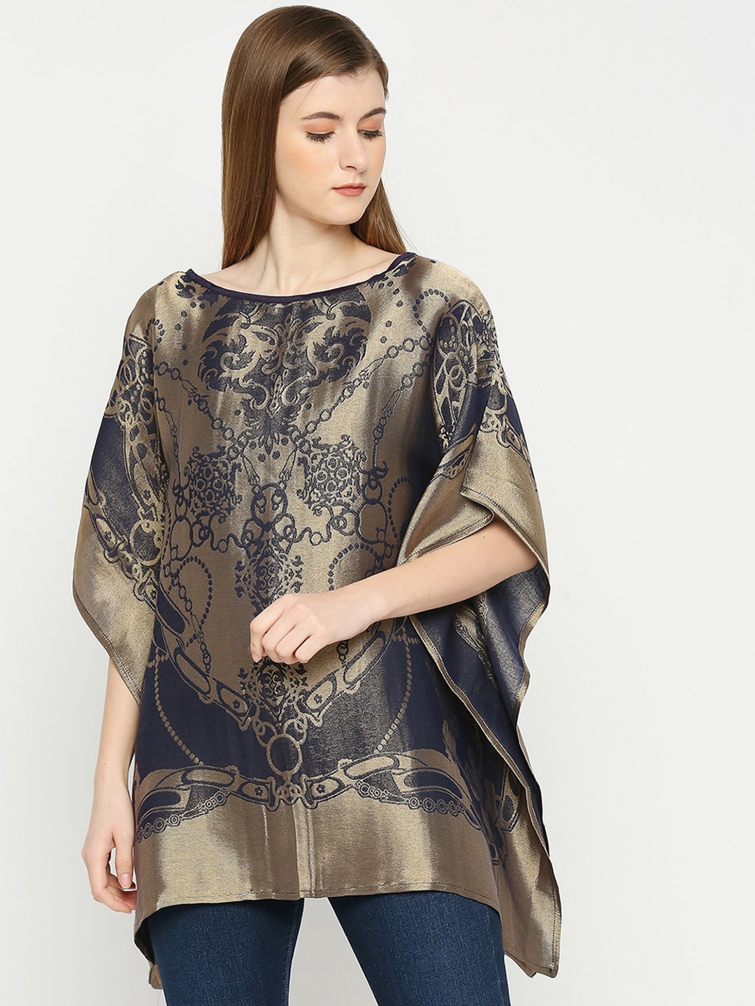 

Cloth Haus India Ethnic Motifs Printed Flared Sleeves Kaftan Kurti, Navy blue