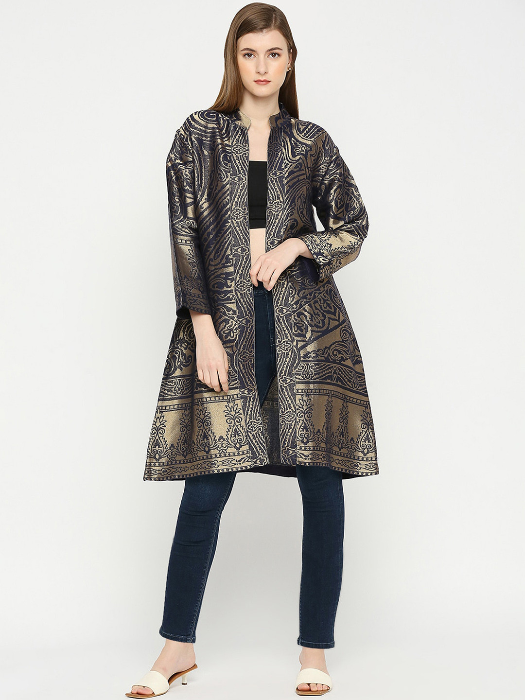 

Cloth Haus India Women Gold-Toned Floral Lightweight Longline Brocade Tailored Jacket, Navy blue