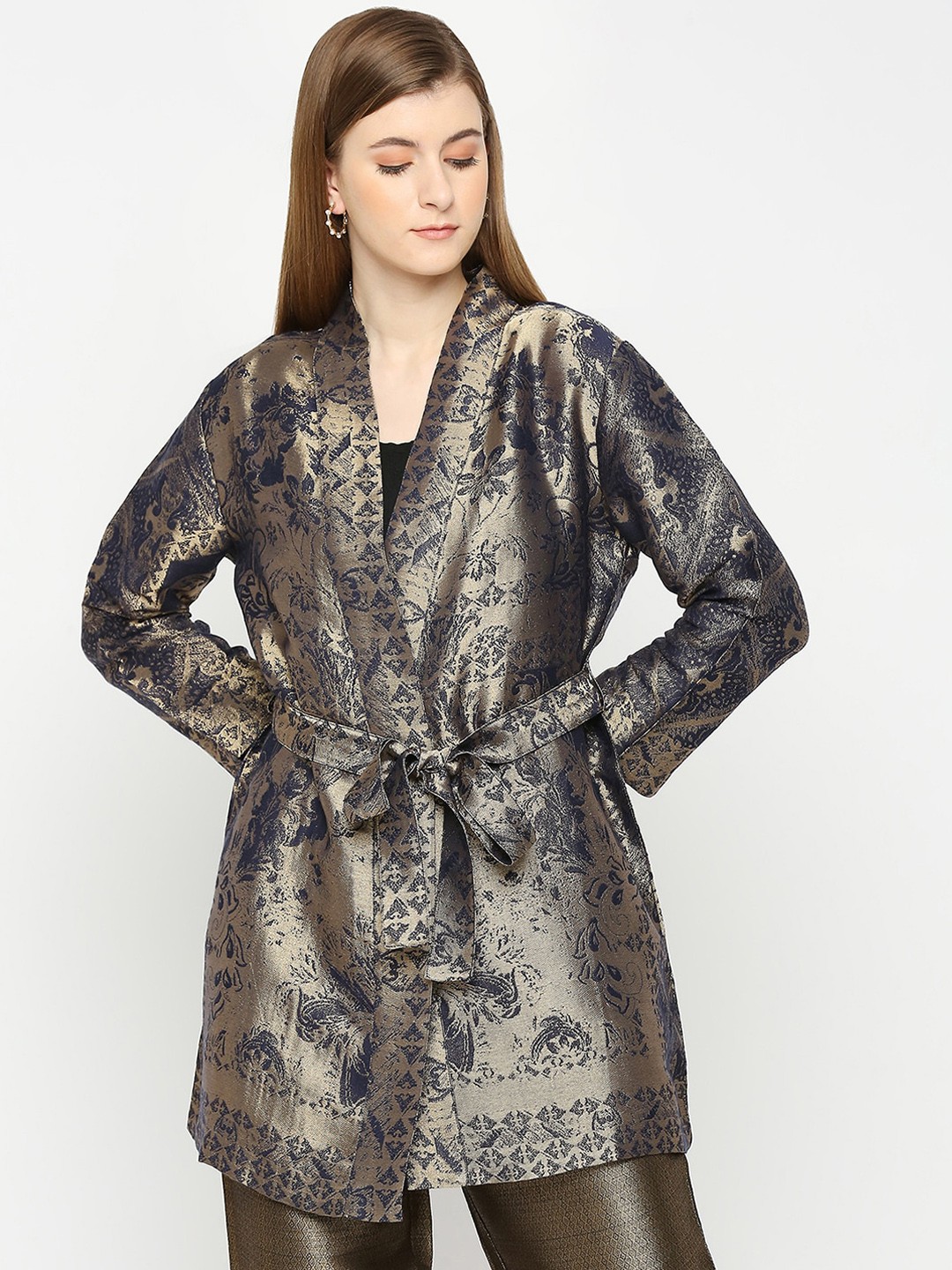 

Cloth Haus India Women Floral Lightweight Longline Tailored Jacket, Navy blue
