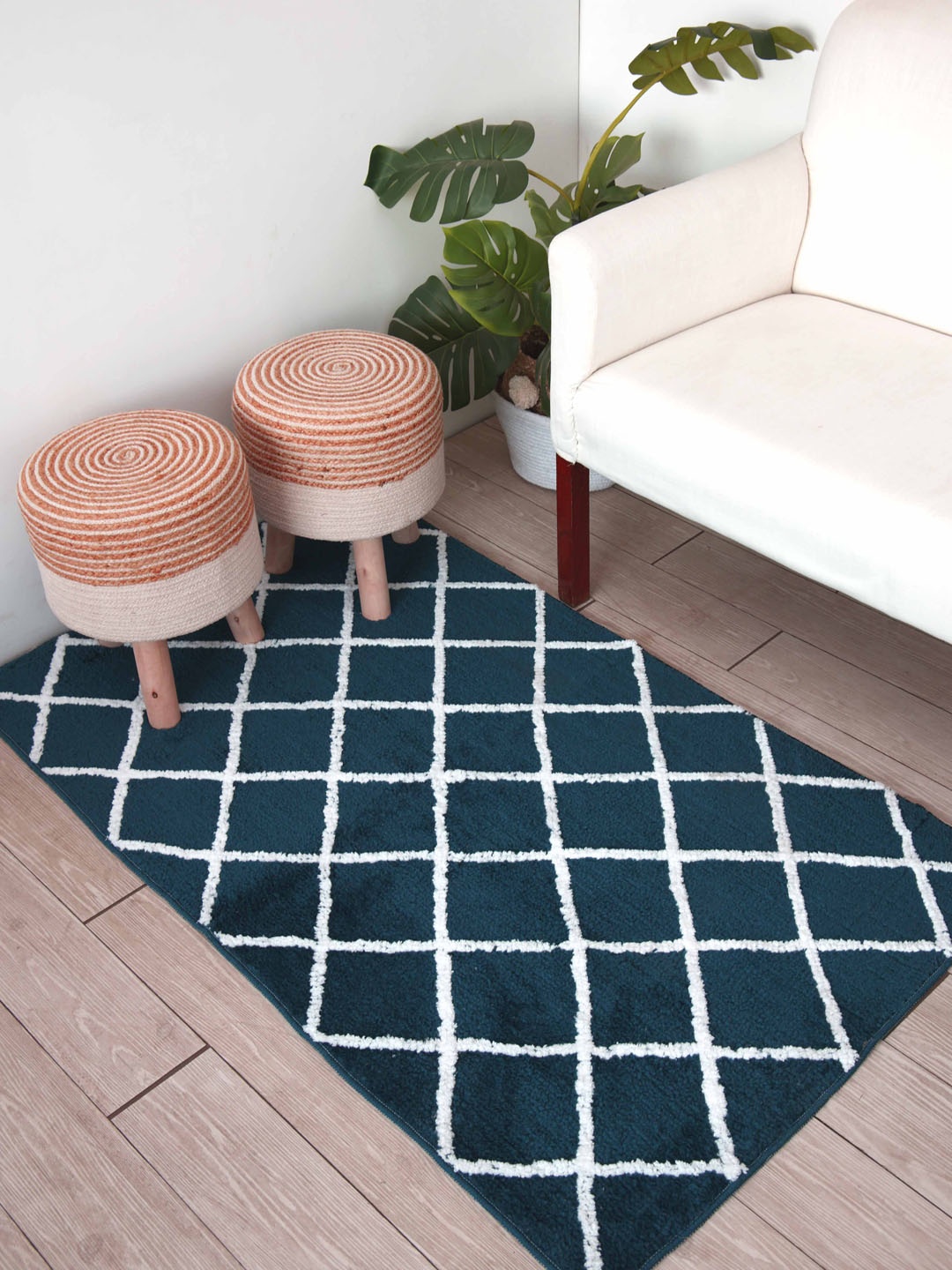

Ariana Teal Blue & White Checked Pure Cotton Anti-Slip Rectangular Floor Runner