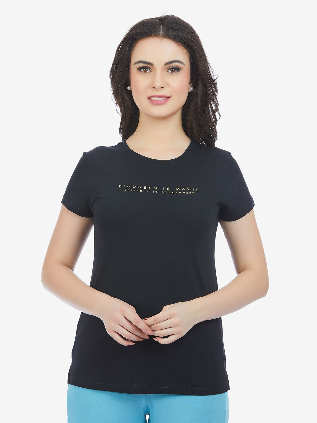 

MAYSIXTY Women Typography Printed Cotton T-shirt, Black