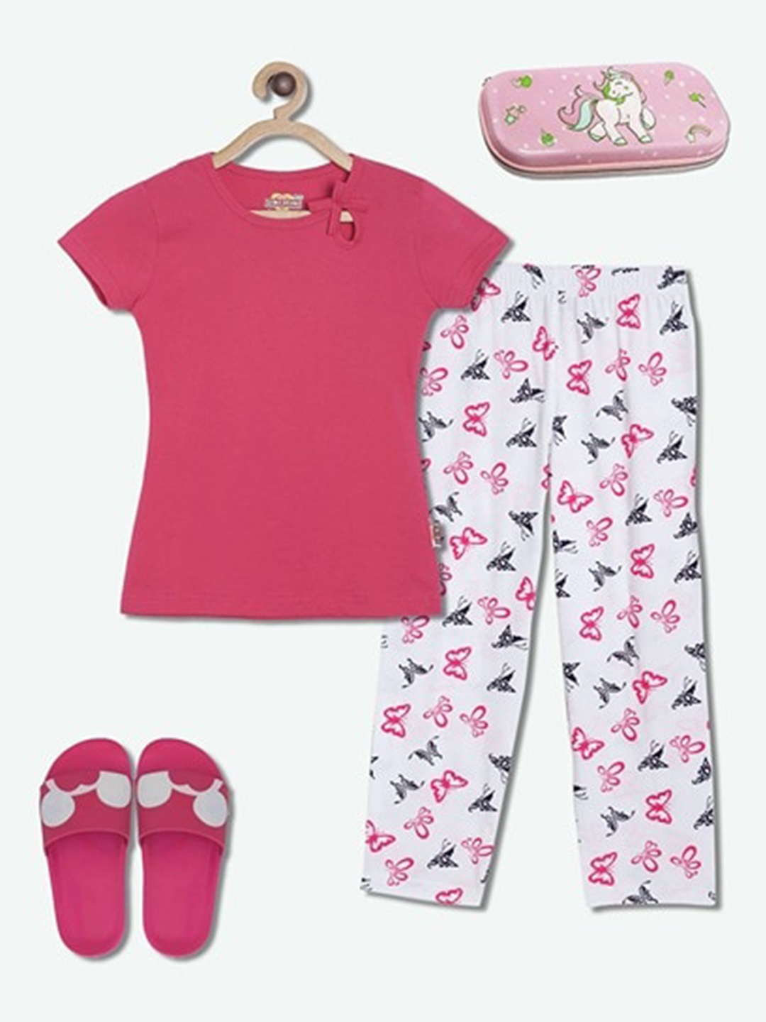 

SINI MINI Girls Conversational Printed Pure Cotton Night Suit, Pink
