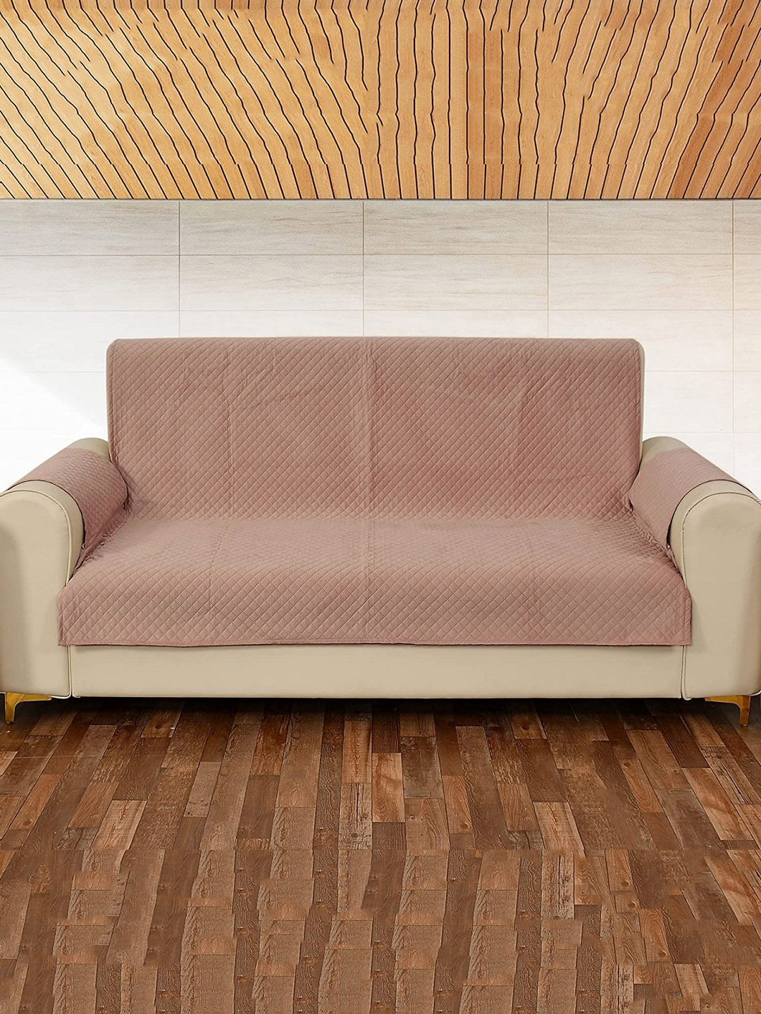 

STITCHNEST Criss Cross Patterned Velvet 3-Seater Sofa Cover With Arm Rest, Peach