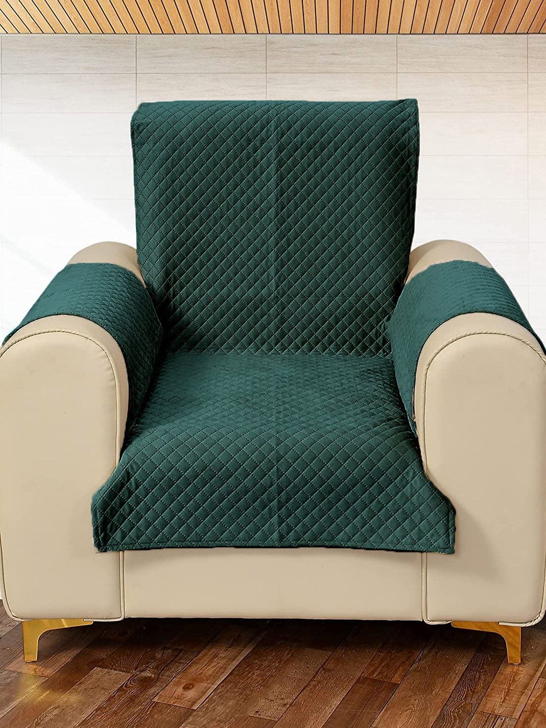 

STITCHNEST Criss Cross Patterned Velvet 1-Seater Sofa Cover, Green