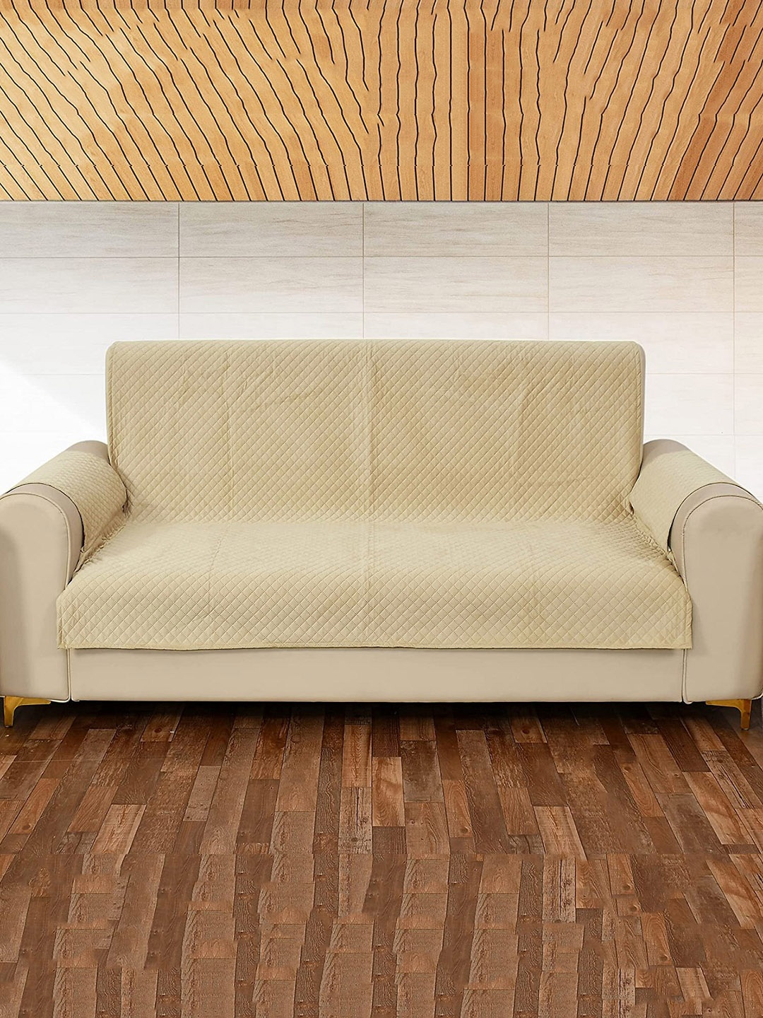 

STITCHNEST Criss Cross Patterned Velvet 3-Seater Sofa Cover, Cream