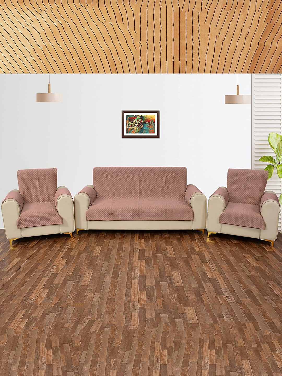 

STITCHNEST Peach-Coloured Criss-Cross Patterned Velvet 5-Seater Sofa Cover Protector