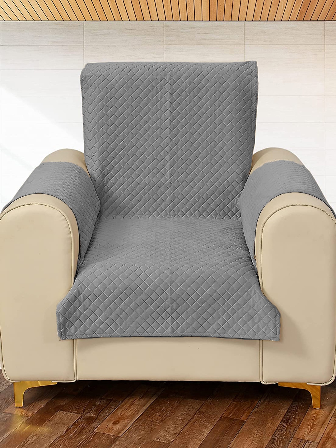 

STITCHNEST Criss Cross Patterned Velvet 1-Seater Sofa Cover Protector, Grey