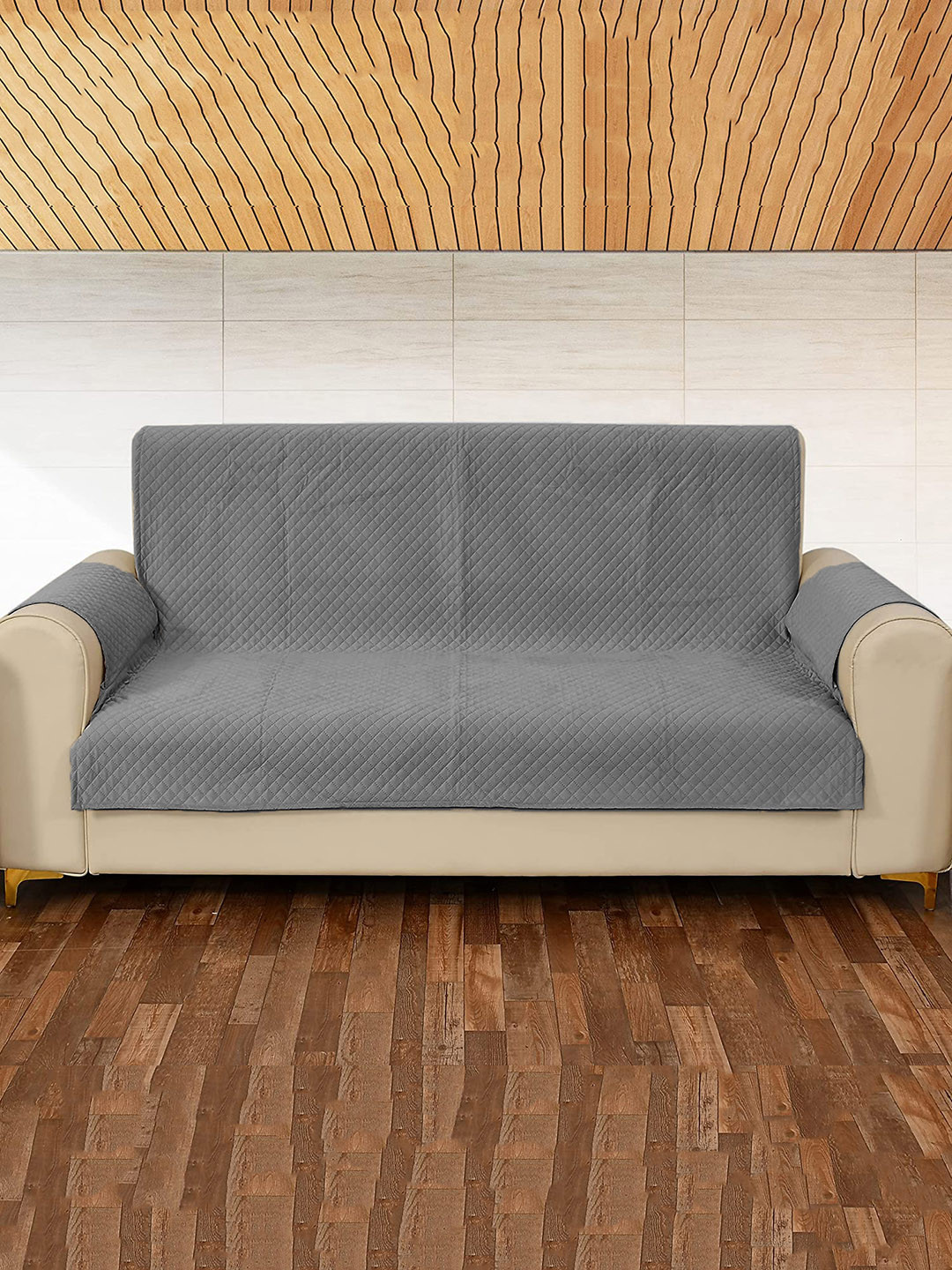 

STITCHNEST Criss Cross Patterned Velvet 3-Seater Sofa Cover With Arm Rest, Grey