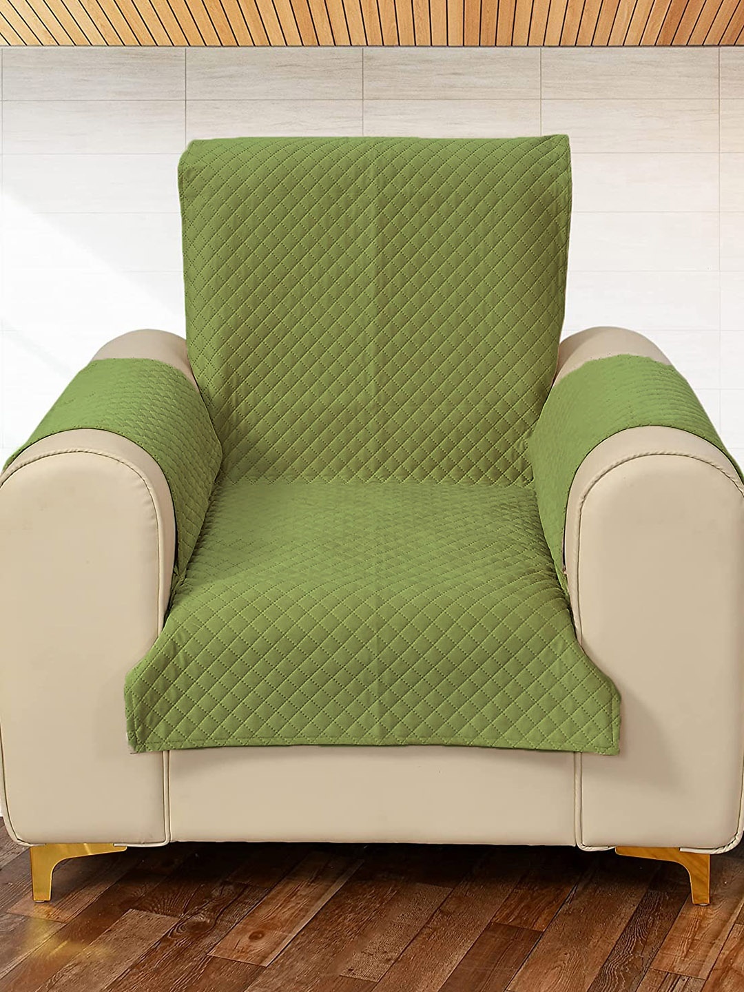 

STITCHNEST Green Criss Cross Patterned Velvet 1-Seater Sofa Cover Protector