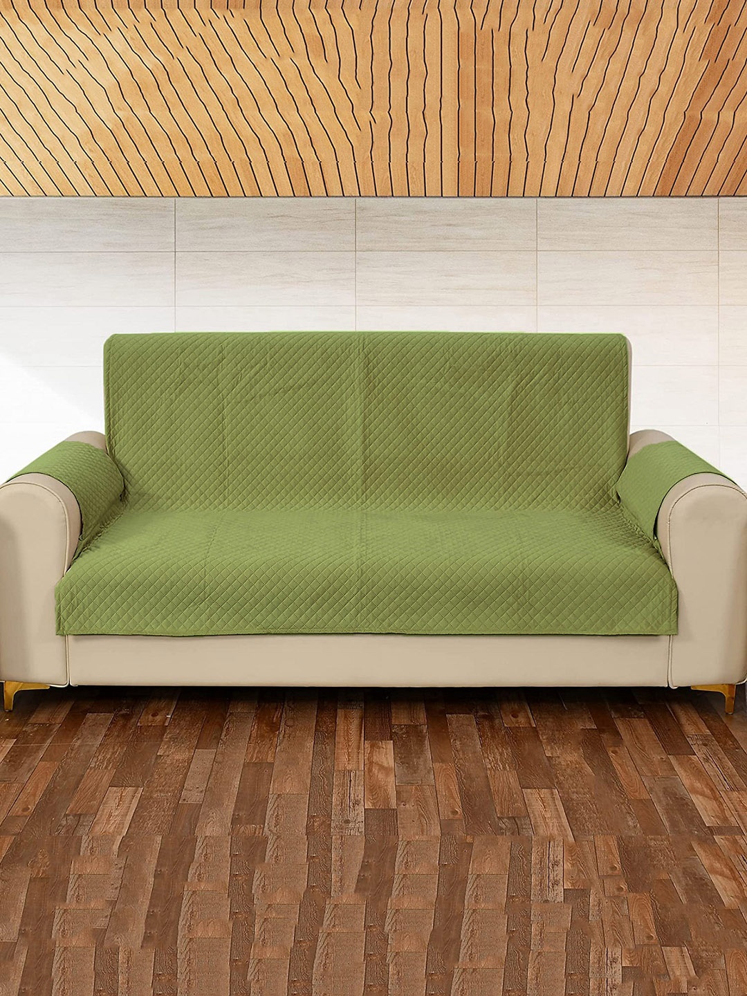 

STITCHNEST Green Criss-Cross Patterned Velvet 2-Seater Sofa Cover Protector