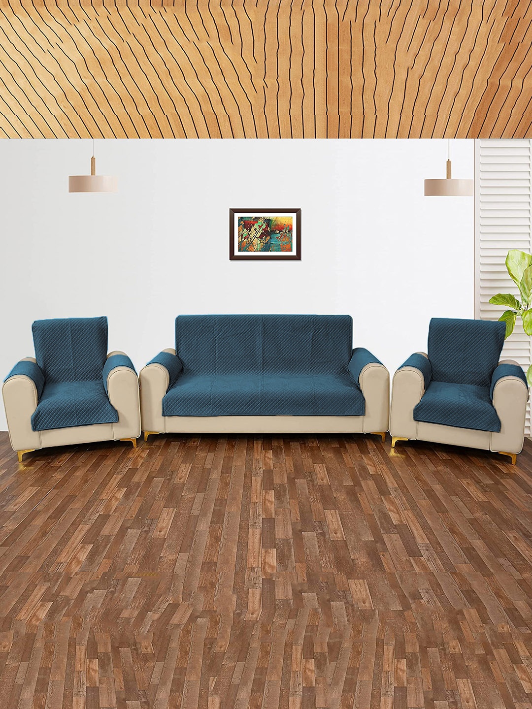 

STITCHNEST Blue Criss-Cross Patterned Velvet 5-Seater Sofa Cover Protector