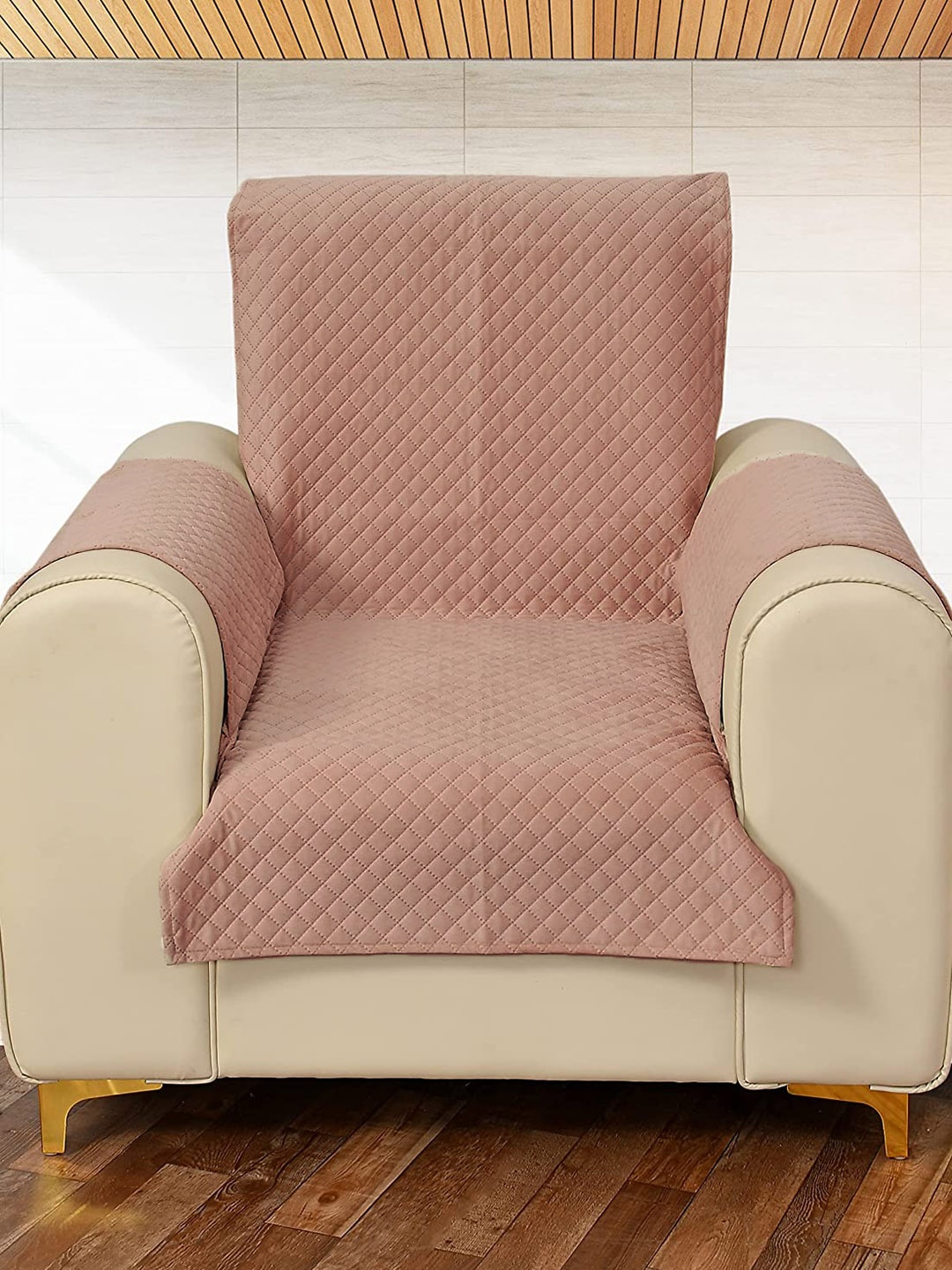 

STITCHNEST Peach-Coloured Criss Cross Patterned Velvet 1-Seater Sofa Cover Protector