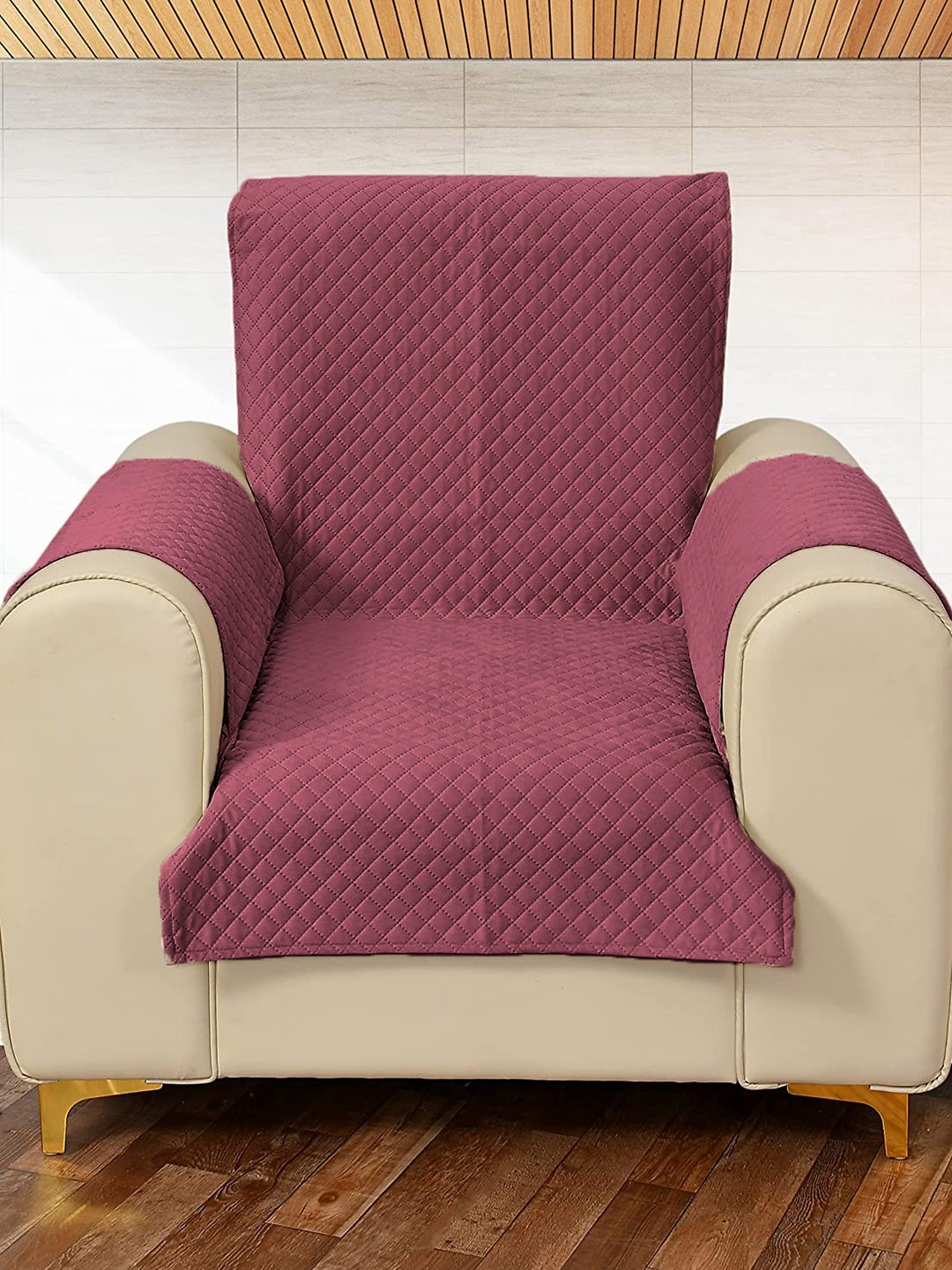 

STITCHNEST Maroon Quilted Velvet 1-Seater Sofa Cover With Arm Rest