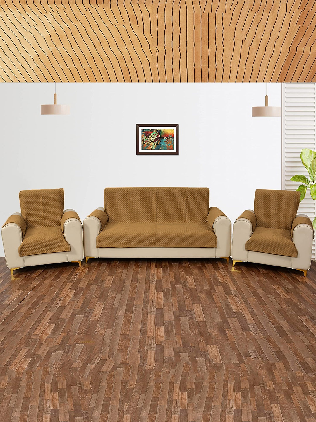 

STITCHNEST Brown-Coloured Criss Cross Patterned Velvet 5-Seater Sofa Cover Protector