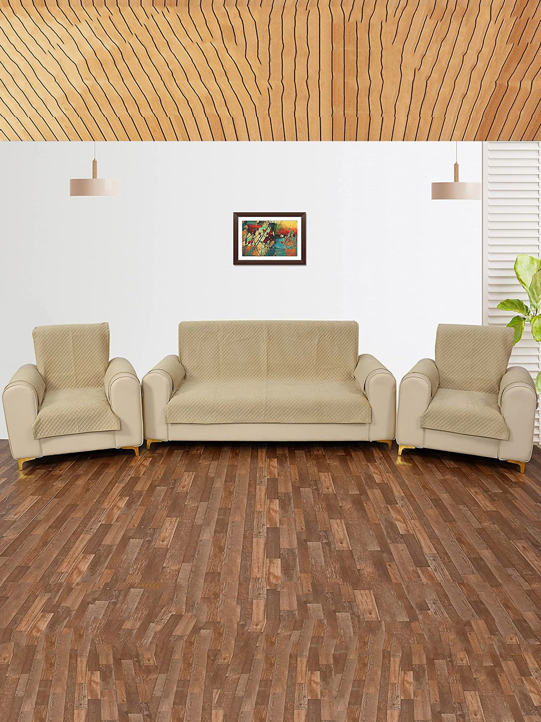 

STITCHNEST Beige-Coloured Criss Cross Patterned Velvet 5-Seater