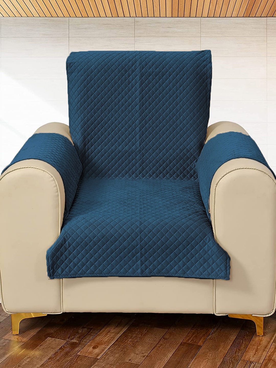 

STITCHNEST Criss-Cross Patterned Velvet 1-Seater Sofa Cover Protector, Blue
