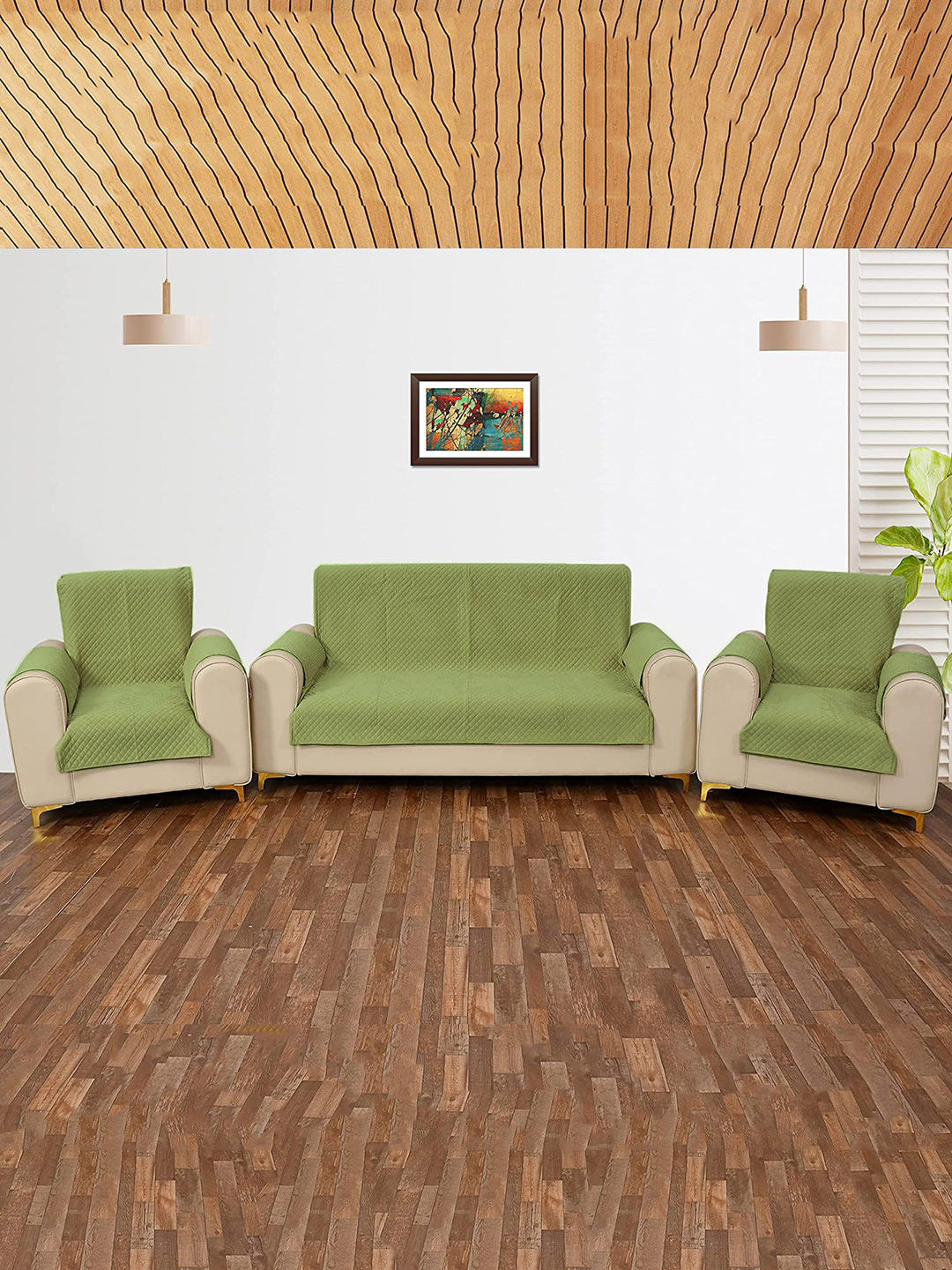 

STITCHNEST Green Criss Cross Quilted Patterned Velvet 5-Seater Sofa Cover Protector