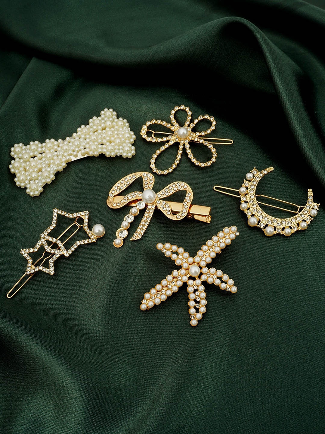 

Ferosh Women Set of 6 Stone Studded & Beaded Bow Hair Clips, White