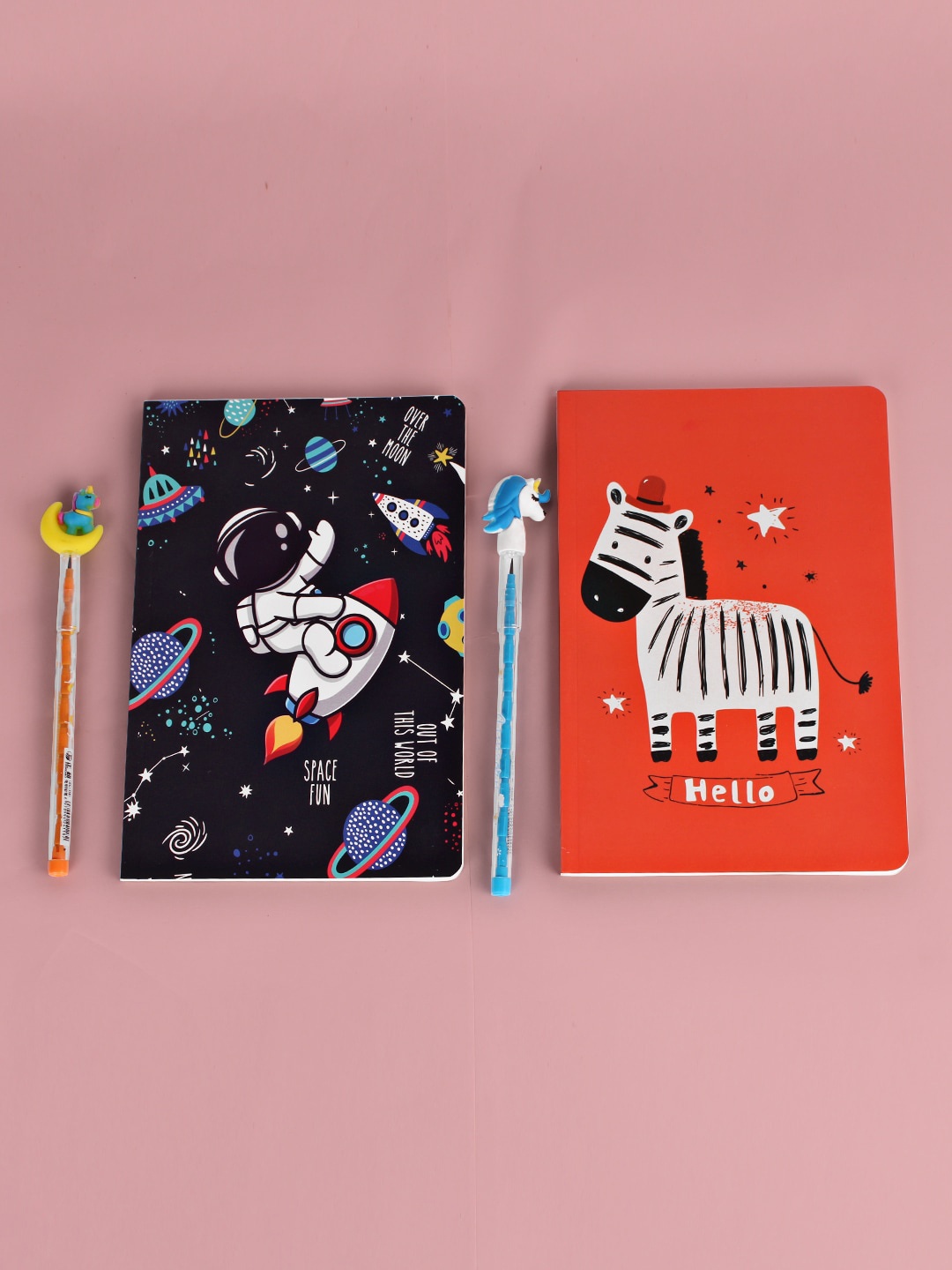 

DukieKooky Kids Set Of 2 Space & Zebra Notebook & Pencil Stationery, Blue