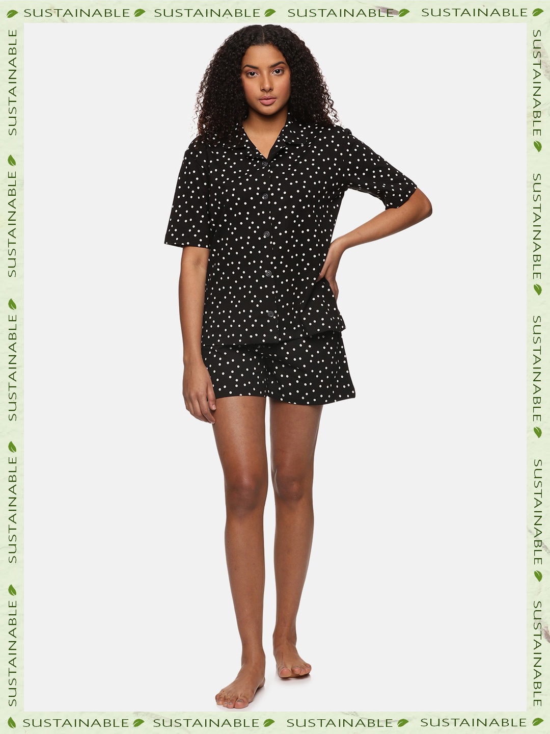 

HERE&NOW Women 2 Pieces Polka Dots Printed Organic Cotton Night Suit, Black