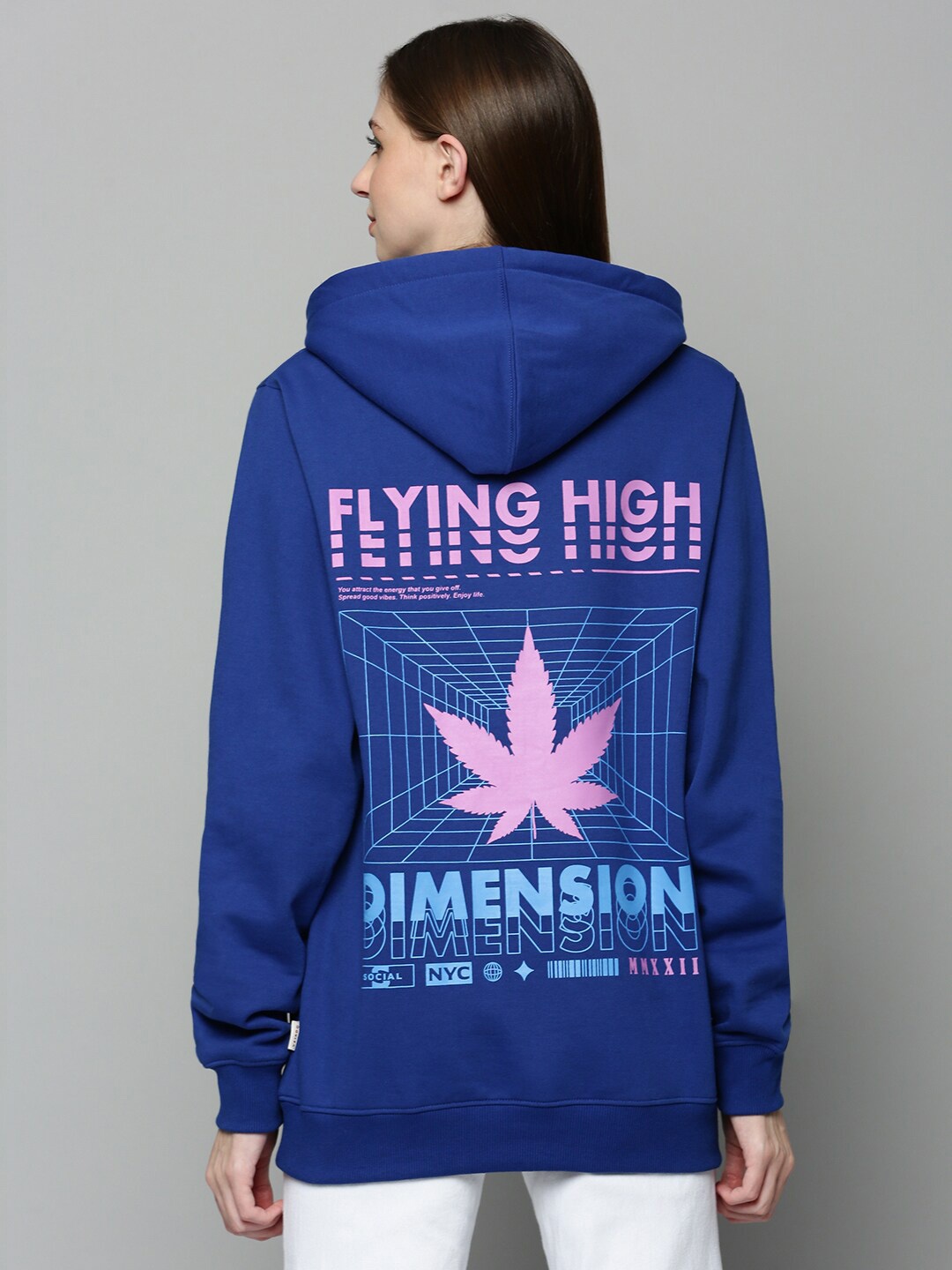 

JUNEBERRY Women Typography Printed Hooded Cotton Pullover Sweatshirt, Blue