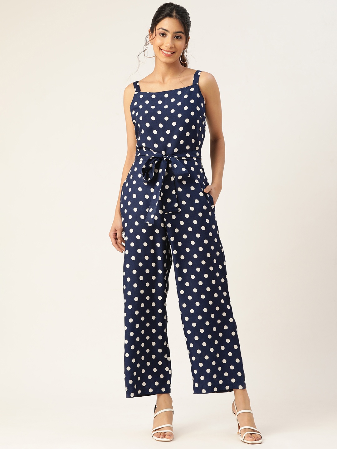 

Sleek Italia Waist Tie-Ups Printed Basic Jumpsuit, Blue
