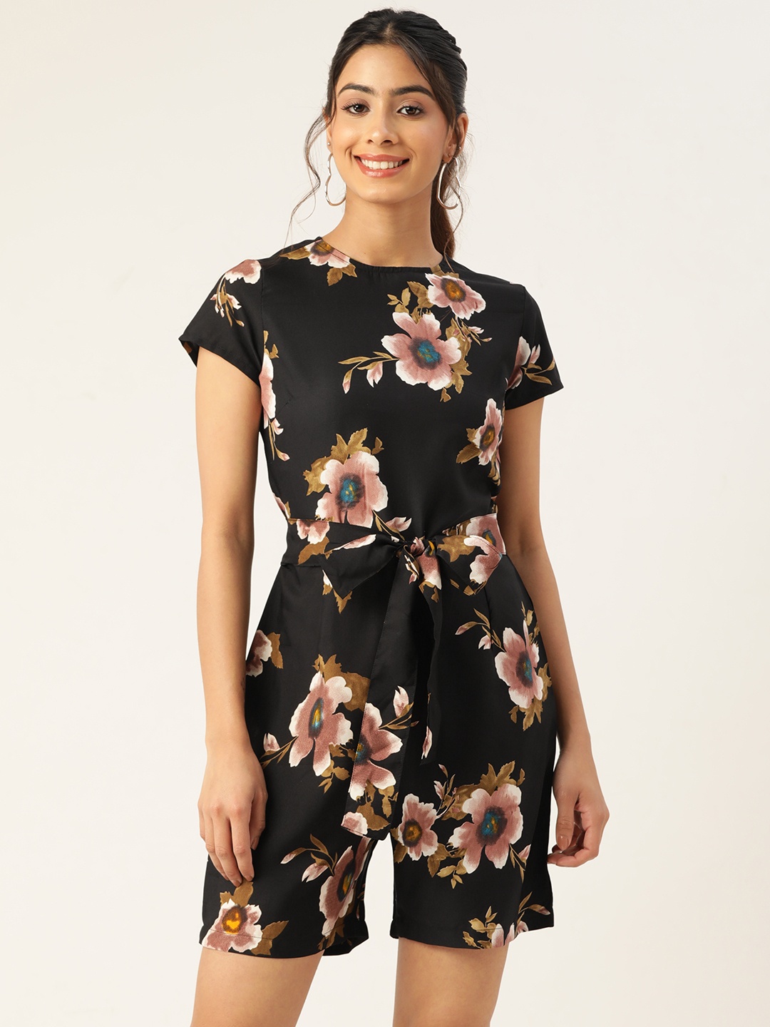 

Sleek Italia Waist Tie-Ups Printed Jumpsuit, Black