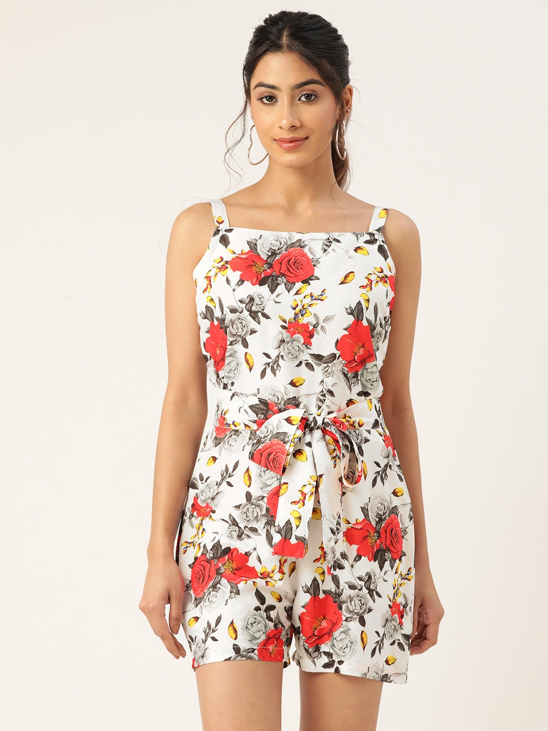 

Sleek Italia Waist Tie-Ups Printed Jumpsuit, White