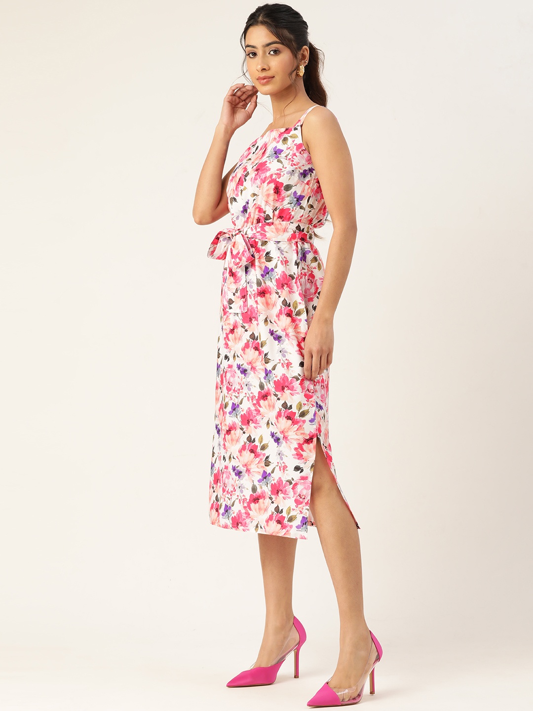 

Sleek Italia Floral Crepe Tie-Ups Sheath Midi Dress, White