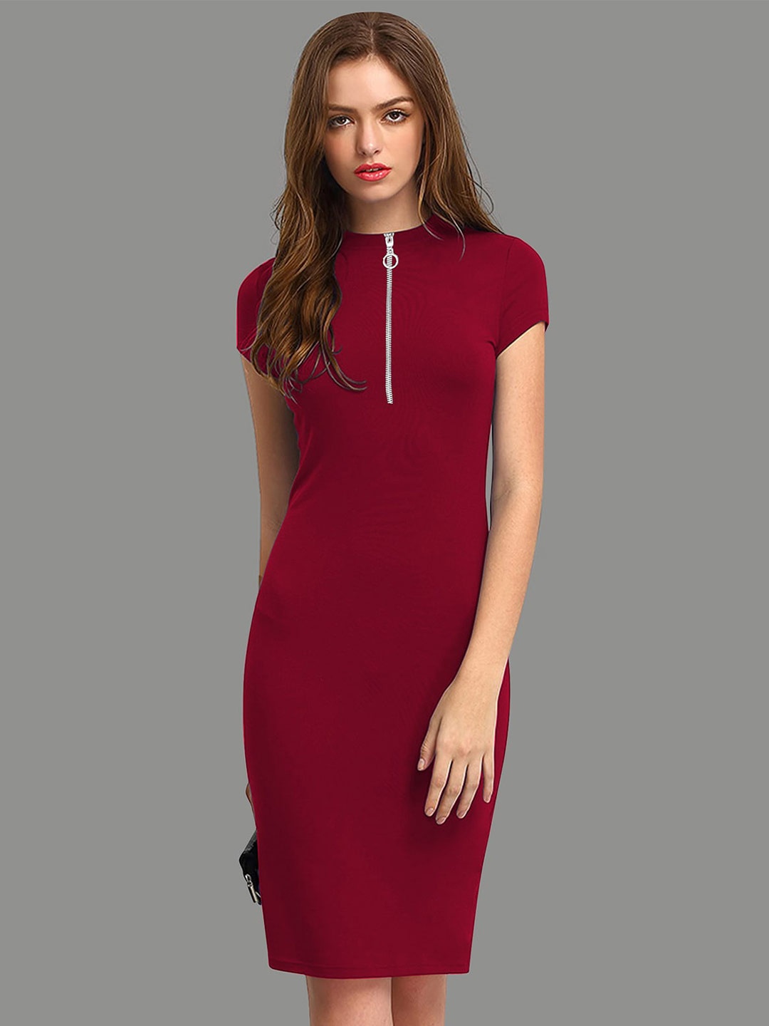 

LONDON BELLY High Neck Short Sleeves Sheath Dress, Maroon