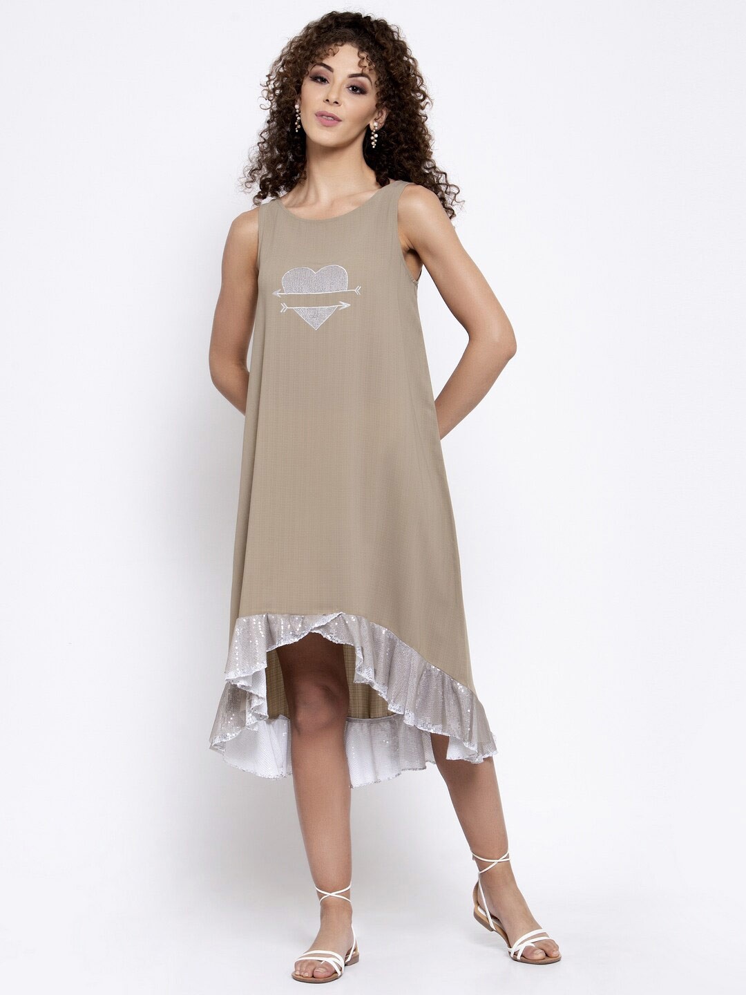

LELA Sequined Cotton A-Line Midi Dress, Beige