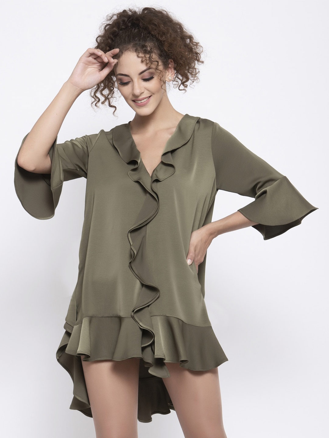 

LELA Ruffled Satin A-Line Mini Dress, Olive