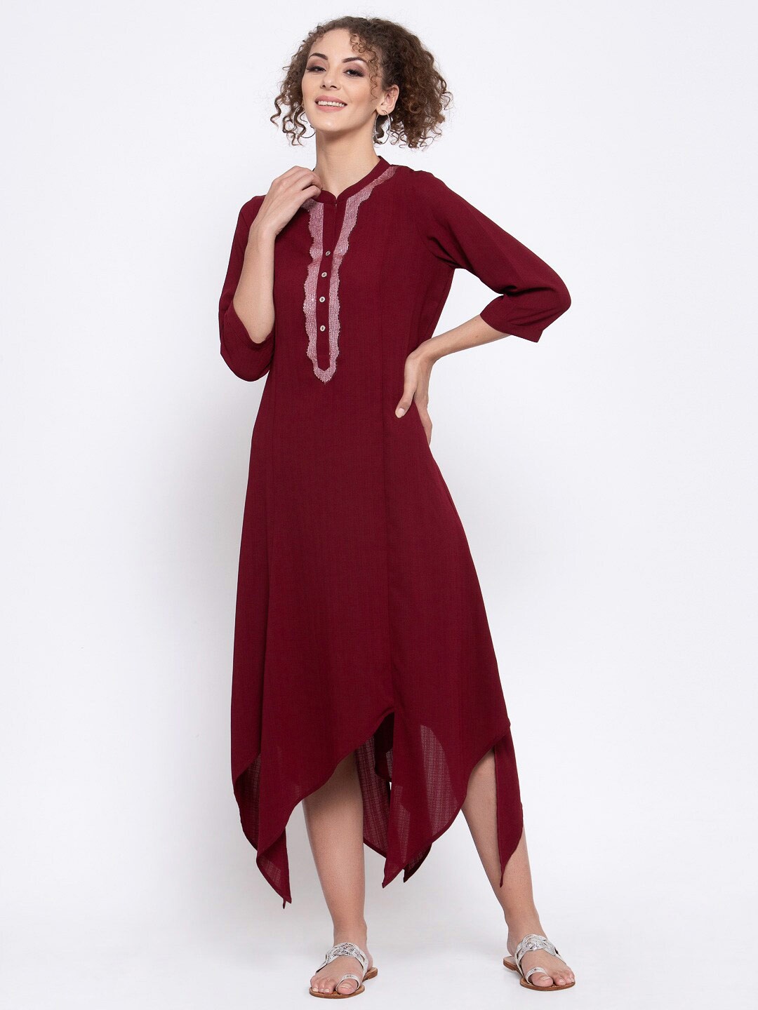 

LELA Embroidered Asymmetric Cotton A-Line Midi Dress, Maroon