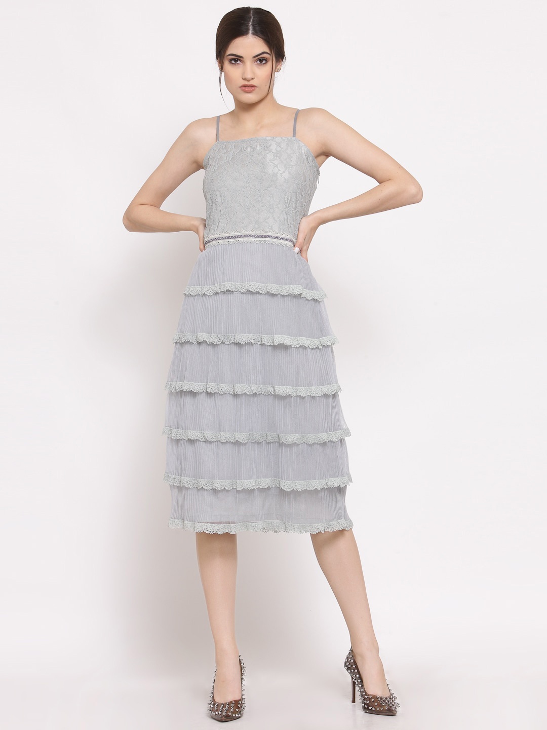 

LELA Self Design Net Tiered A-Line Midi Dress, Grey