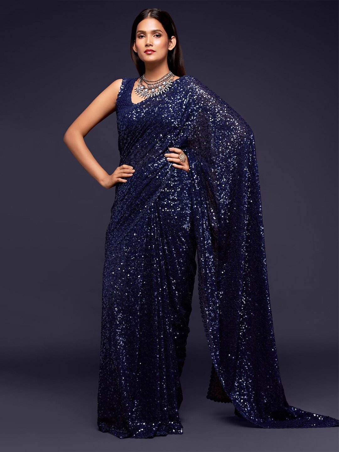 

Mitera Navy Blue Embellished Sequinned Pure Georgette Heavy Work Saree