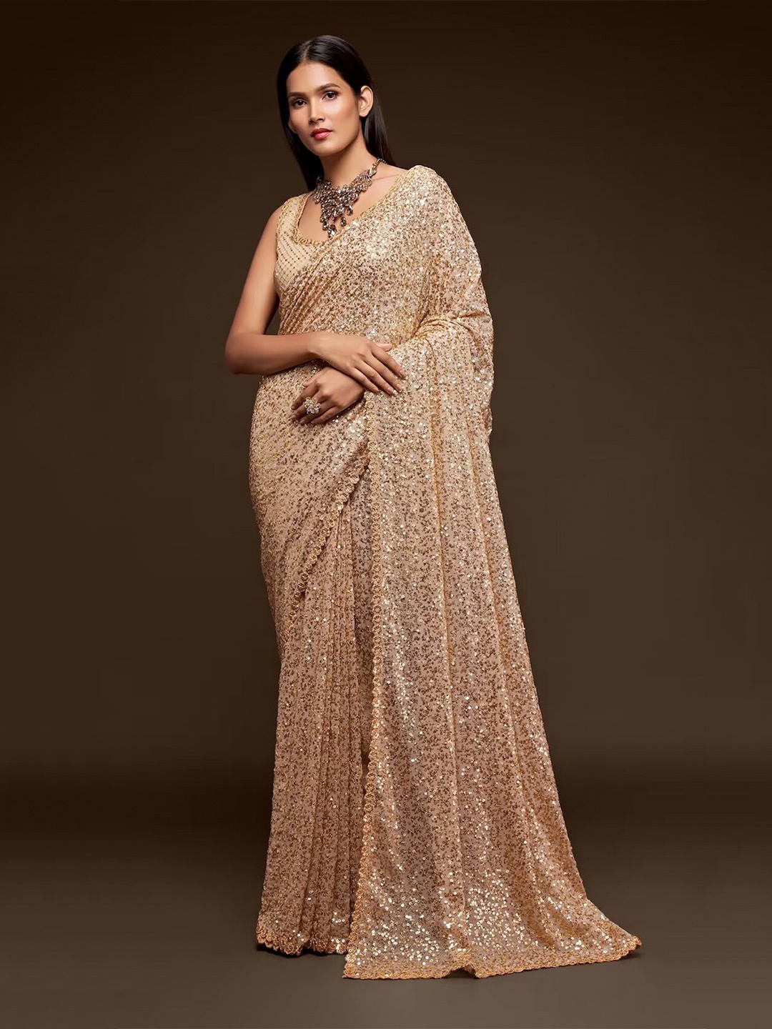 

Mitera Embellished Sequinned Saree, Beige