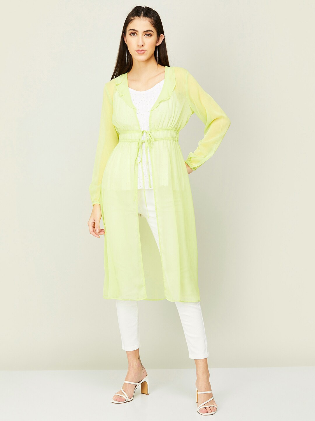 

CODE by Lifestyle Women Longline Tie-Up Shrug, Lime green