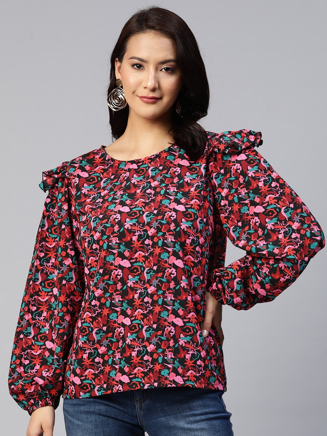 

plusS Floral Print Puff Sleeves Ruffled Top, Black