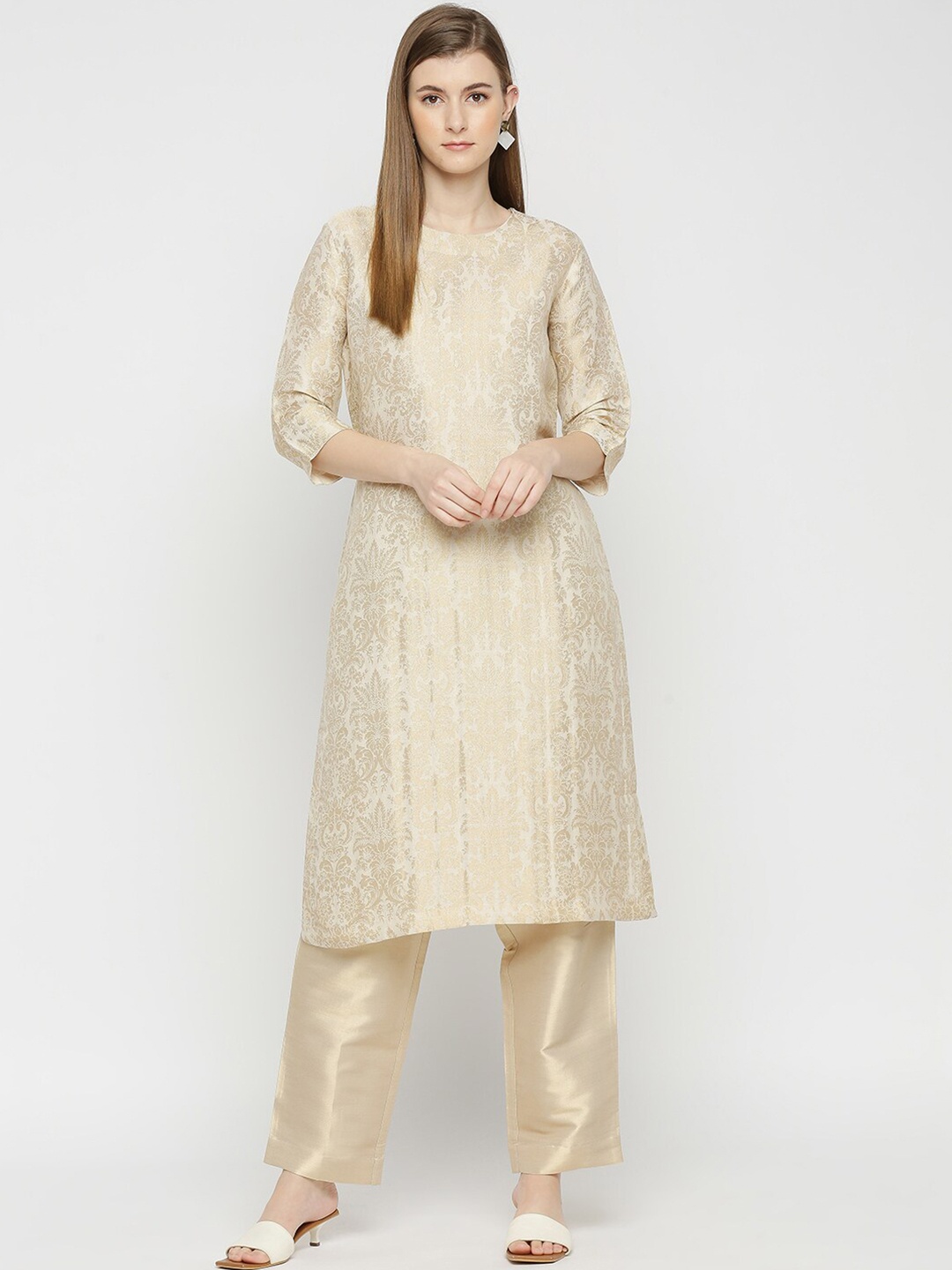 Cloth Haus India Women Ethnic Motif Woven Design Cotton Silk Kurta, Beige