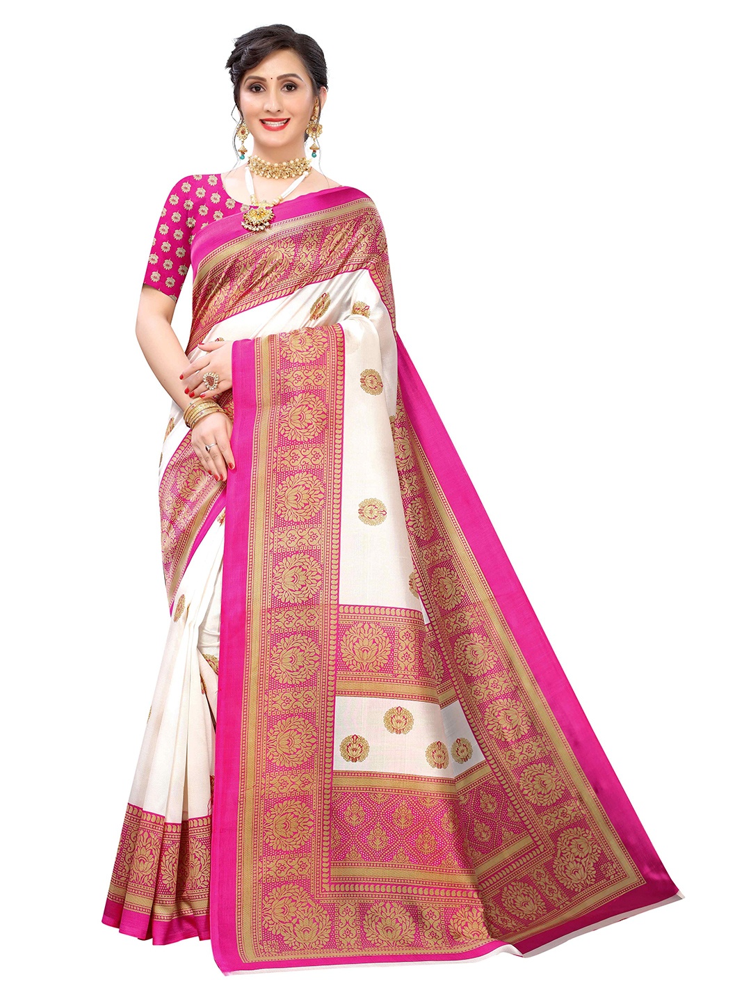 

AADVIKA Ethnic Motifs Printed Mysore Silk Saree, Pink