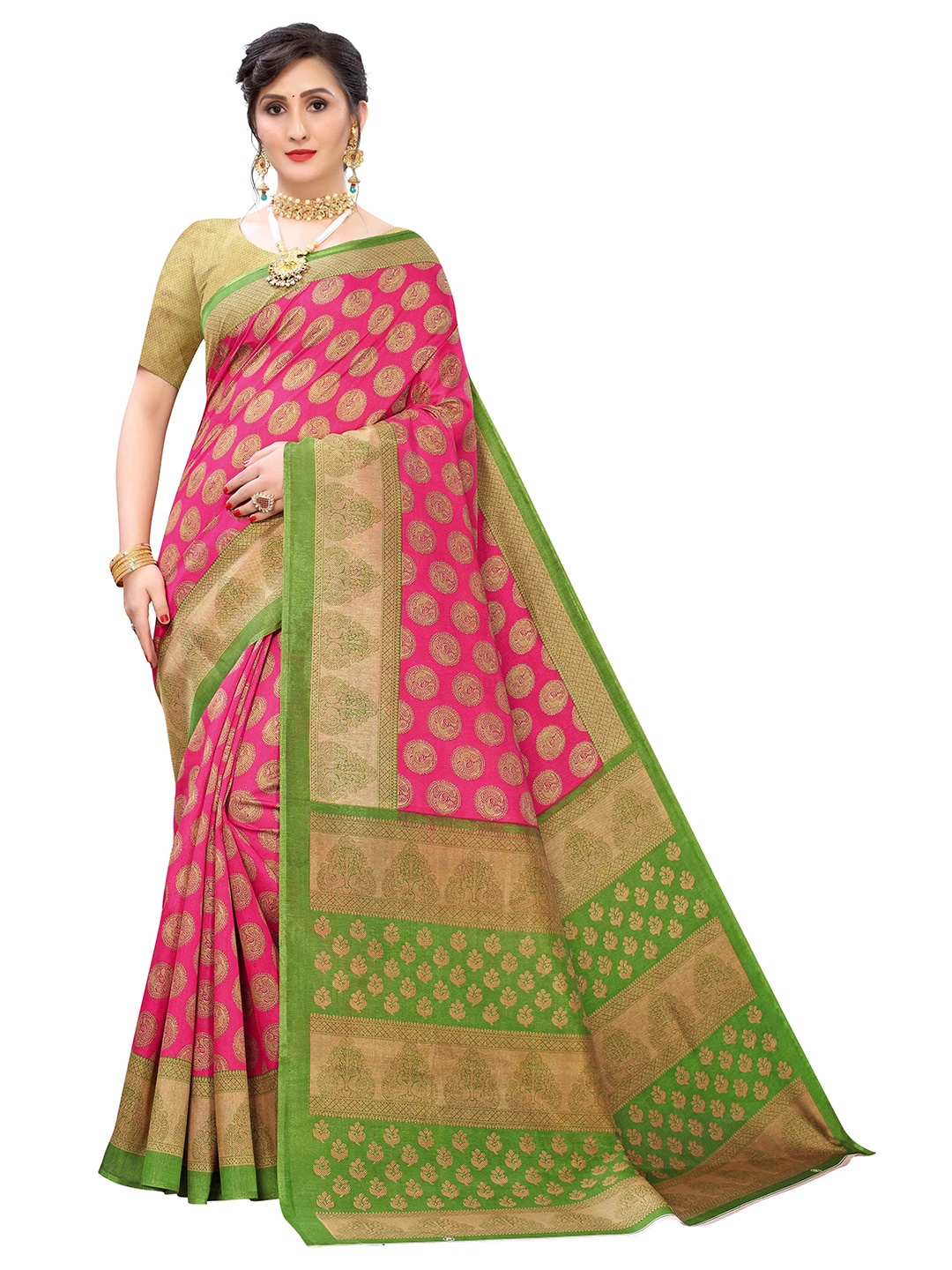 

AADVIKA Ethnic Motifs Printed Art Silk Mysore Silk Saree, Red