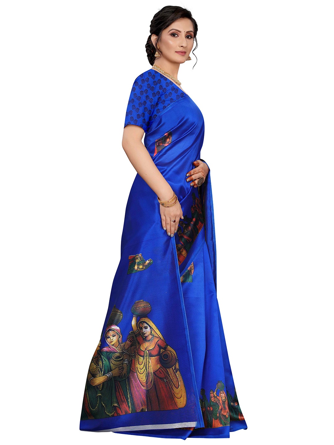 

AADVIKA Kalamkari Printed Mysore Silk Saree, Blue