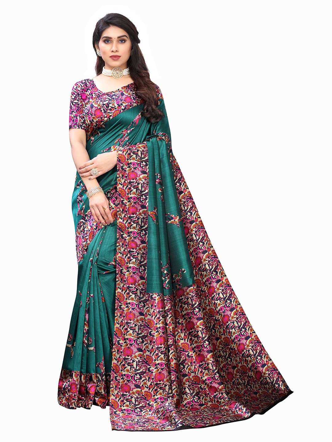 

AADVIKA Floral Printed Mysore Silk Saree, Green