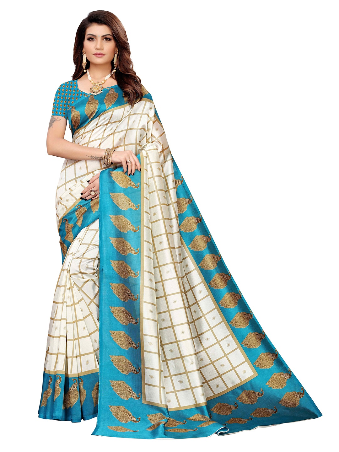 

AADVIKA Checked Art Silk Mysore Silk Saree, Turquoise blue