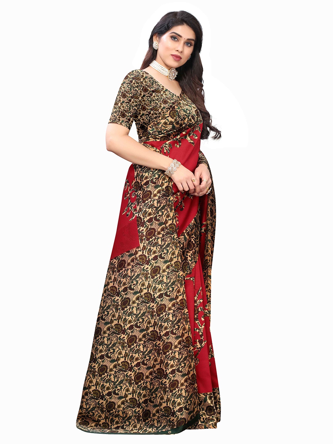 

AADVIKA Floral Printed Mysore Silk Saree, Red