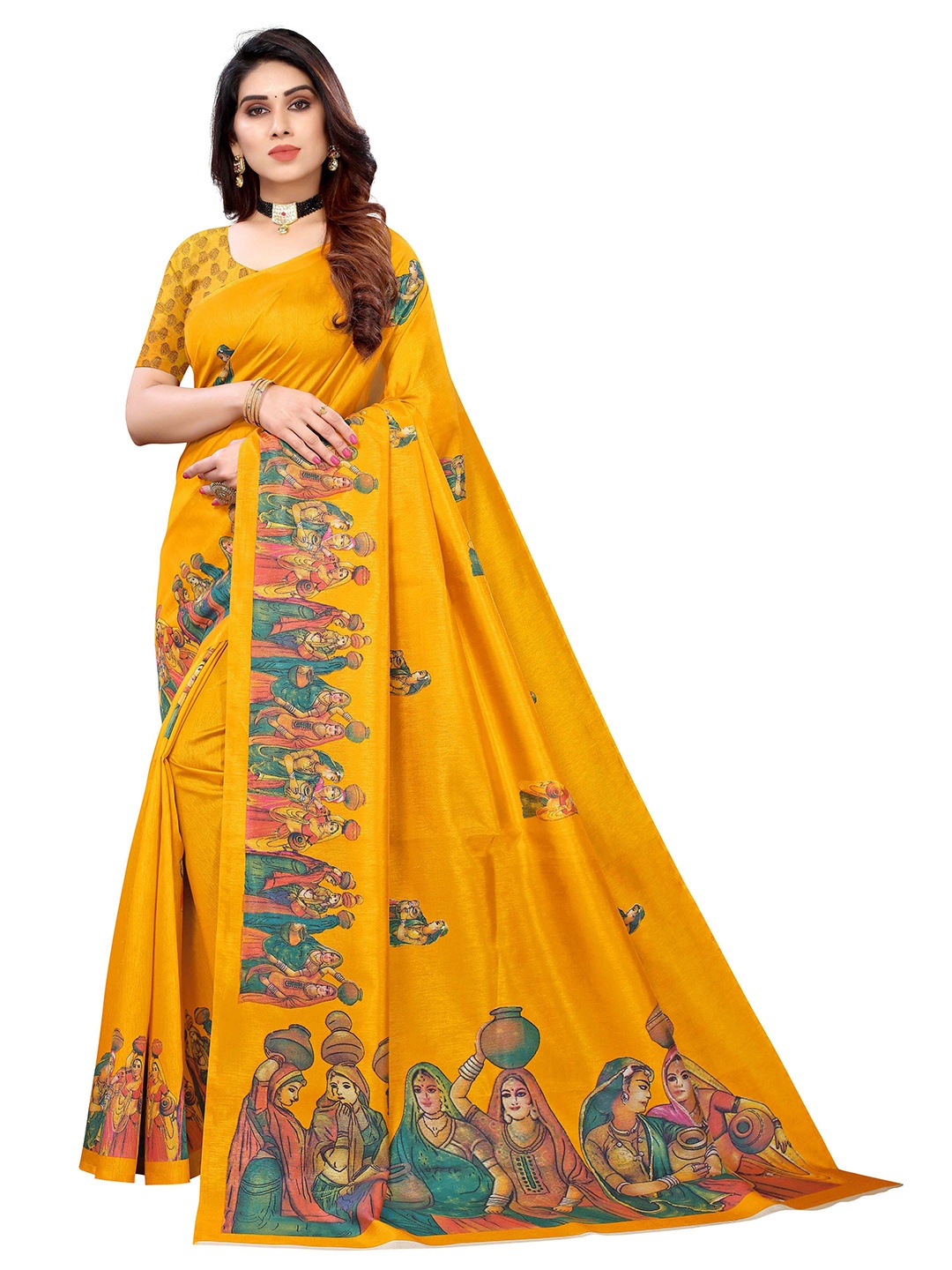 

AADVIKA Ethnic Motifs Printed Art Silk Mysore Silk Saree, Yellow