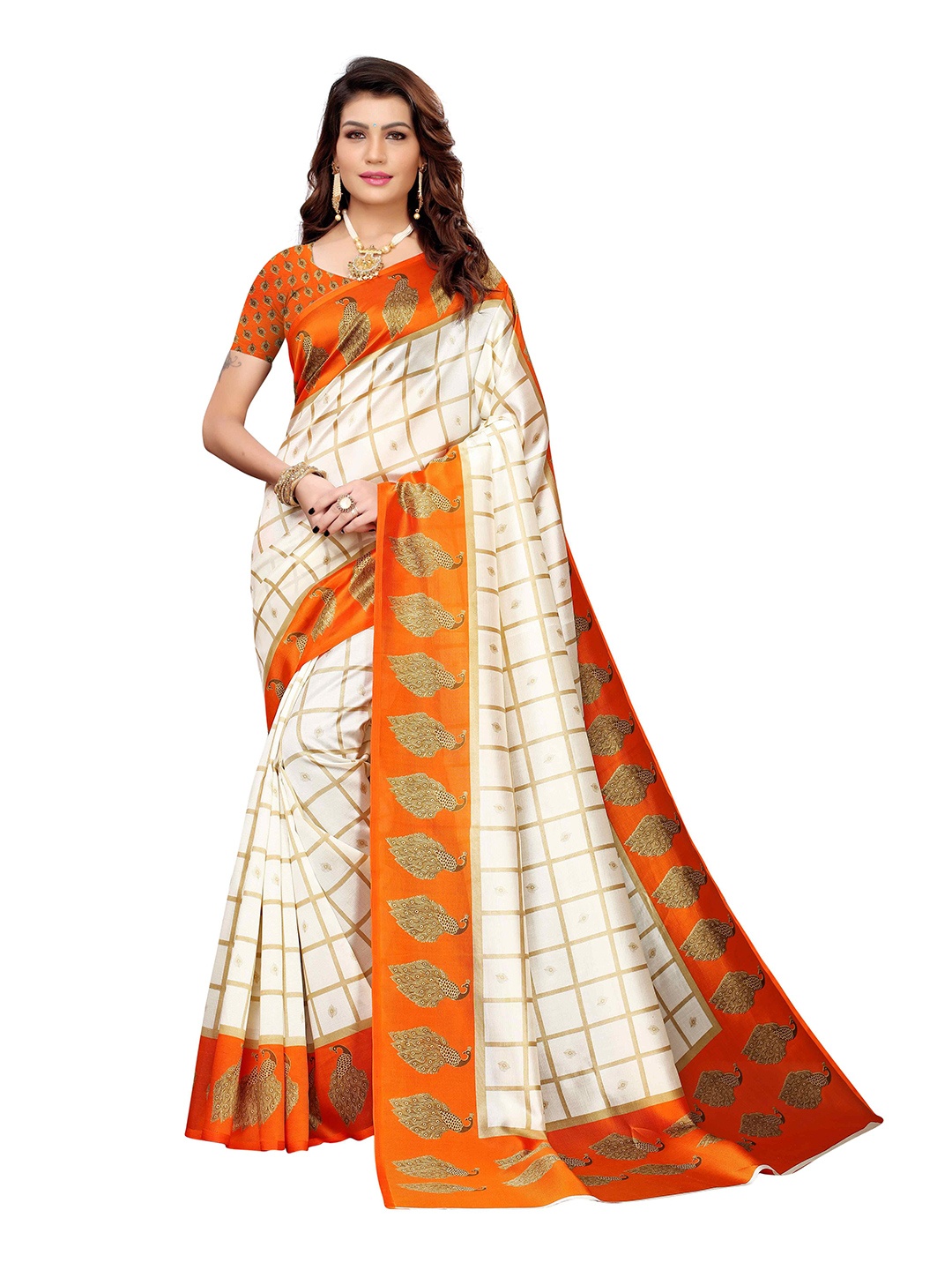

AADVIKA Checked Art Silk Mysore Silk Saree, Orange