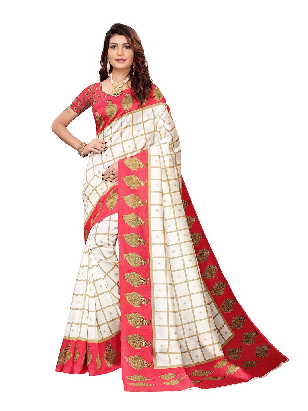 

AADVIKA Checked Art Silk Mysore Silk Saree, Pink