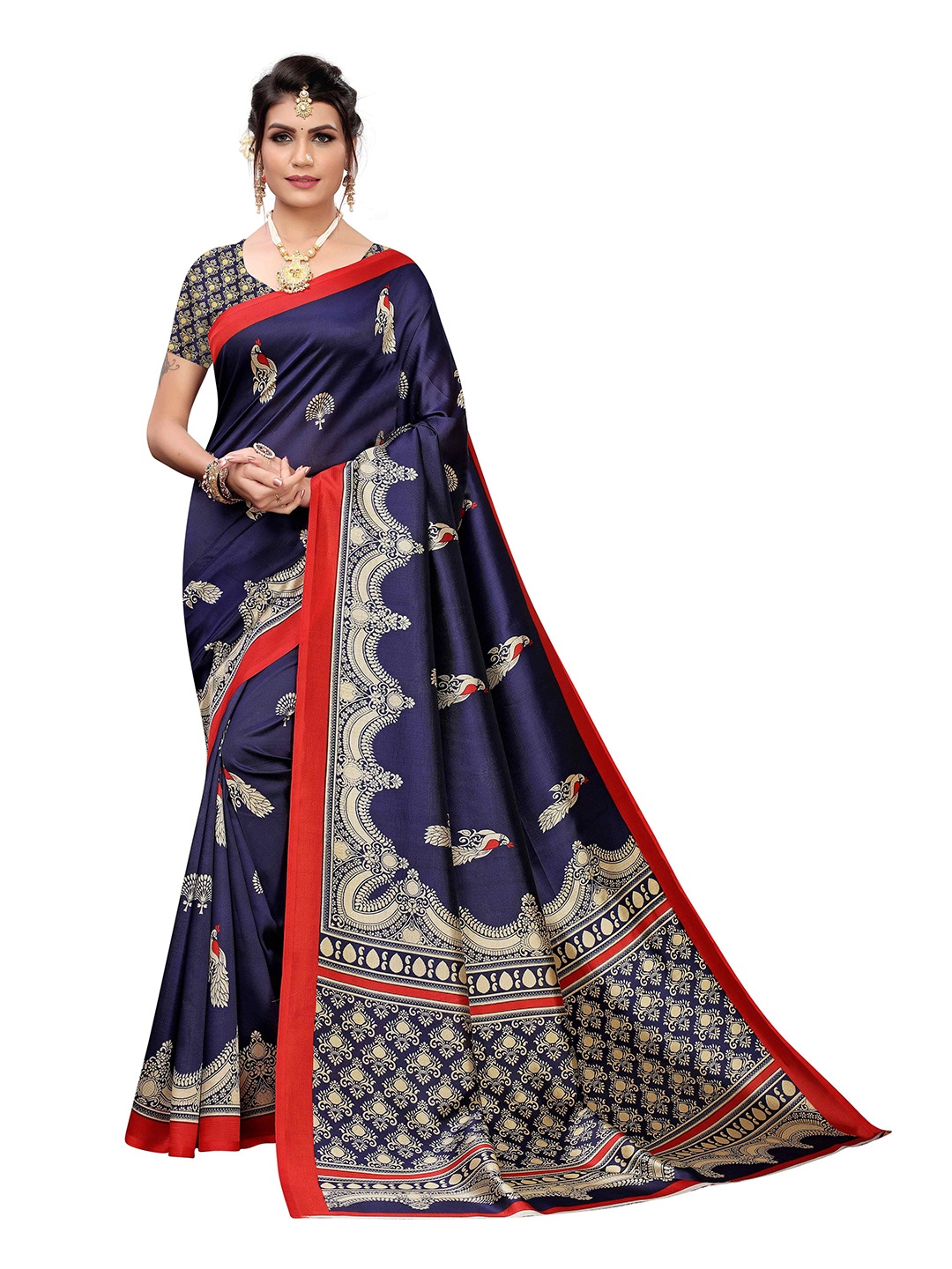 

AADVIKA Kalamkari Art Silk Mysore Silk Saree, Turquoise blue