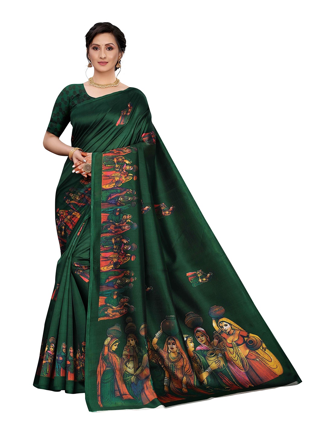

AADVIKA Kalamkari Art Silk Mysore Silk Saree, Green